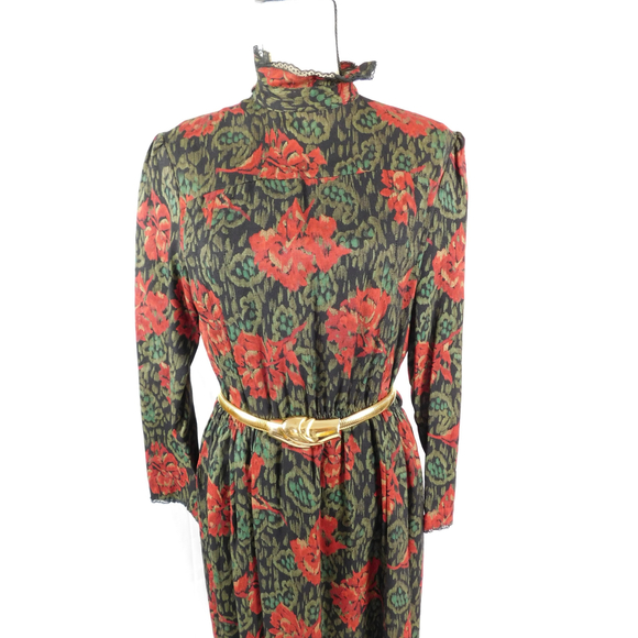 VINTAGE ARAMA PARIS HIGH NECK LACE TRIM WOOL DRESS - Picture 3 of 11